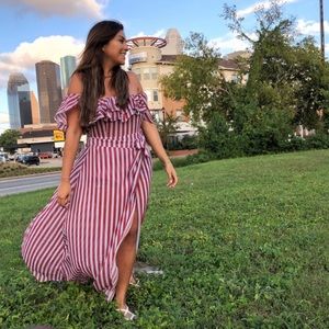 Striped Belted Ruffle Off The Shoulder Dress - M